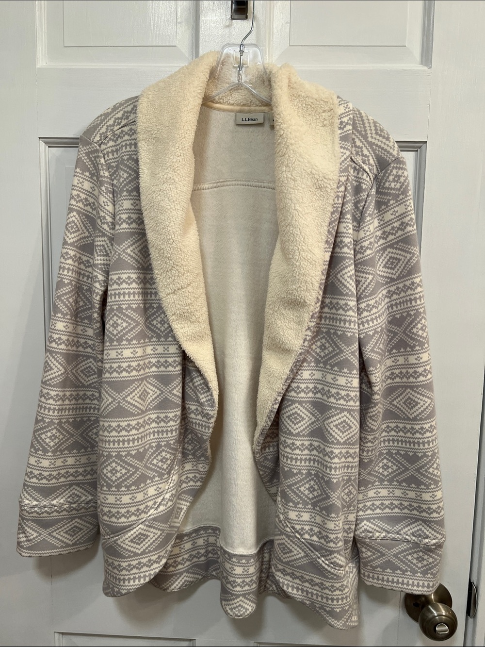L.L. Bean Women's Cream & Light Gray Sherpa-Lined Open Cardigan